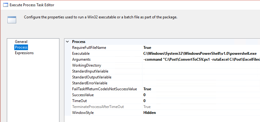 Convertir ficheros Excel en CSV y cargar ficheros usando SSIS 7 Configuración Execute Process Task