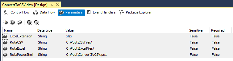 Convertir ficheros Excel en CSV y cargar ficheros usando SSIS 3 Parametros