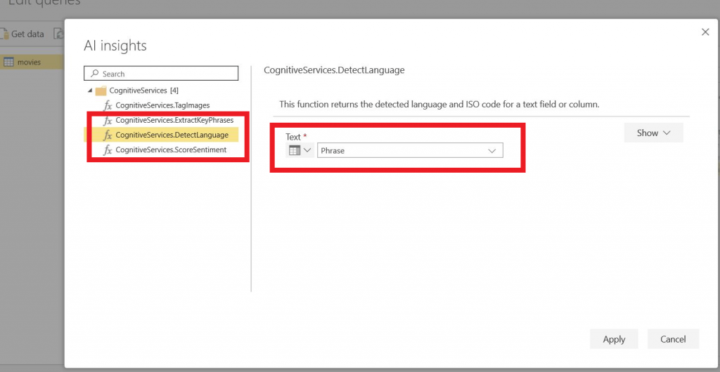 Power BI Dataflows Análisis de Sentimiento en dos clicks 4 Cognitive services options