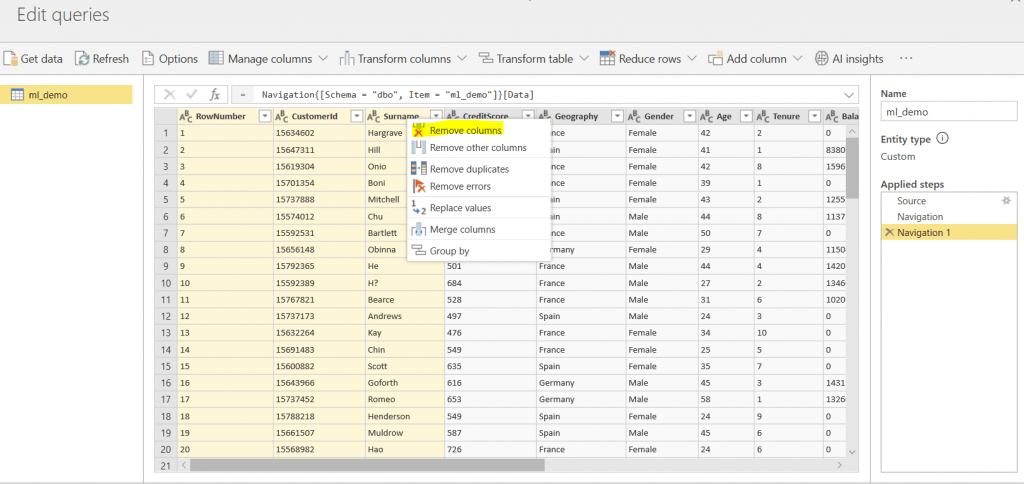 Power BI dataflows Remove columns from dataset Power BI dataflows