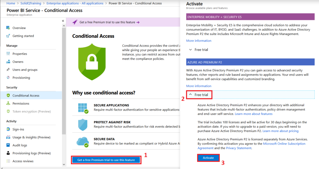 Manejando el acceso global al servicio de Power BI 8 free-trial-azure-ad-premium-p2