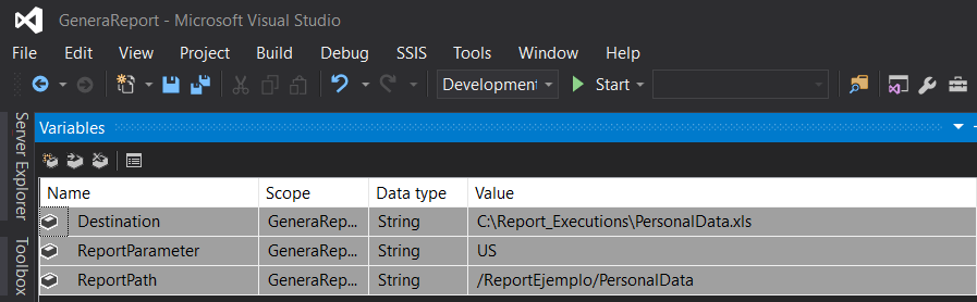 Variables Ejecutar un informe de reporting desde SSIS